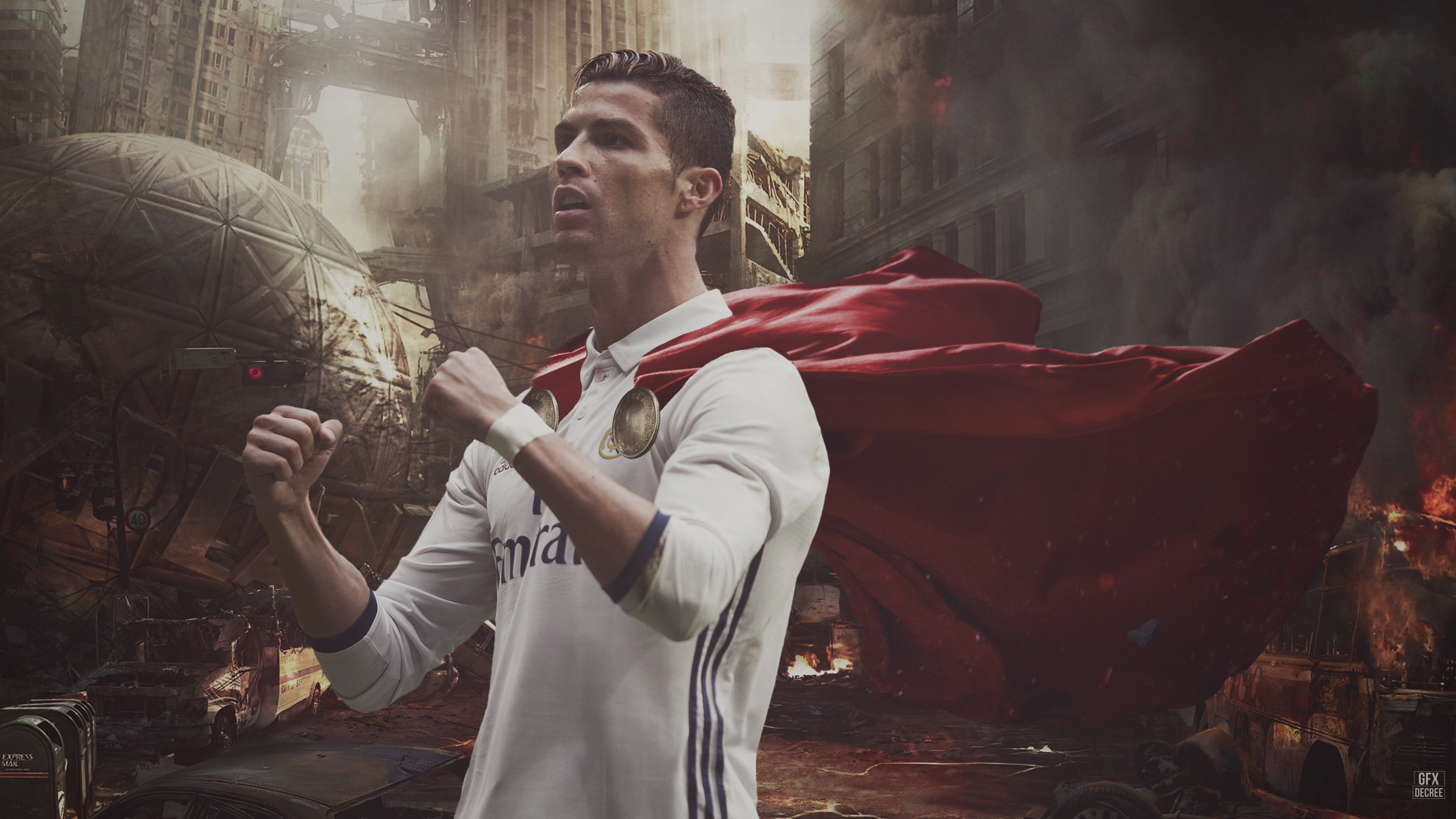 Cristiano Ronaldo as a superhero in a post-apocalyptic city with the Real Madrid logo on his shirt