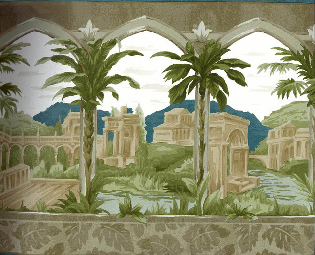 White Town Palm Trees Wallpaper Border   Tropical   Wallpaper   by