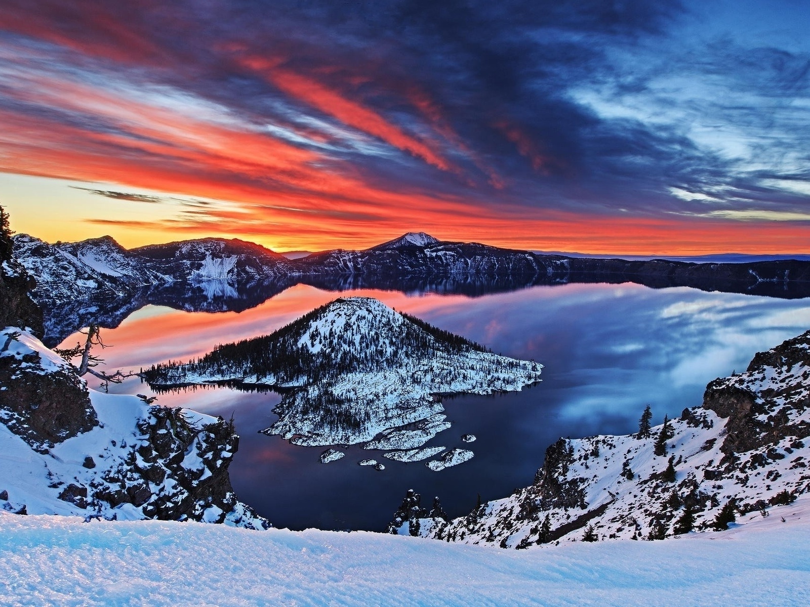 Crater Lake Oregon Sunset Snow Desktop Pc And Mac Wallpaper