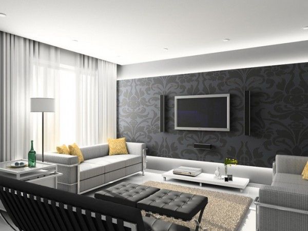 Black wallpaper living room feature wall Dario likes Pinterest