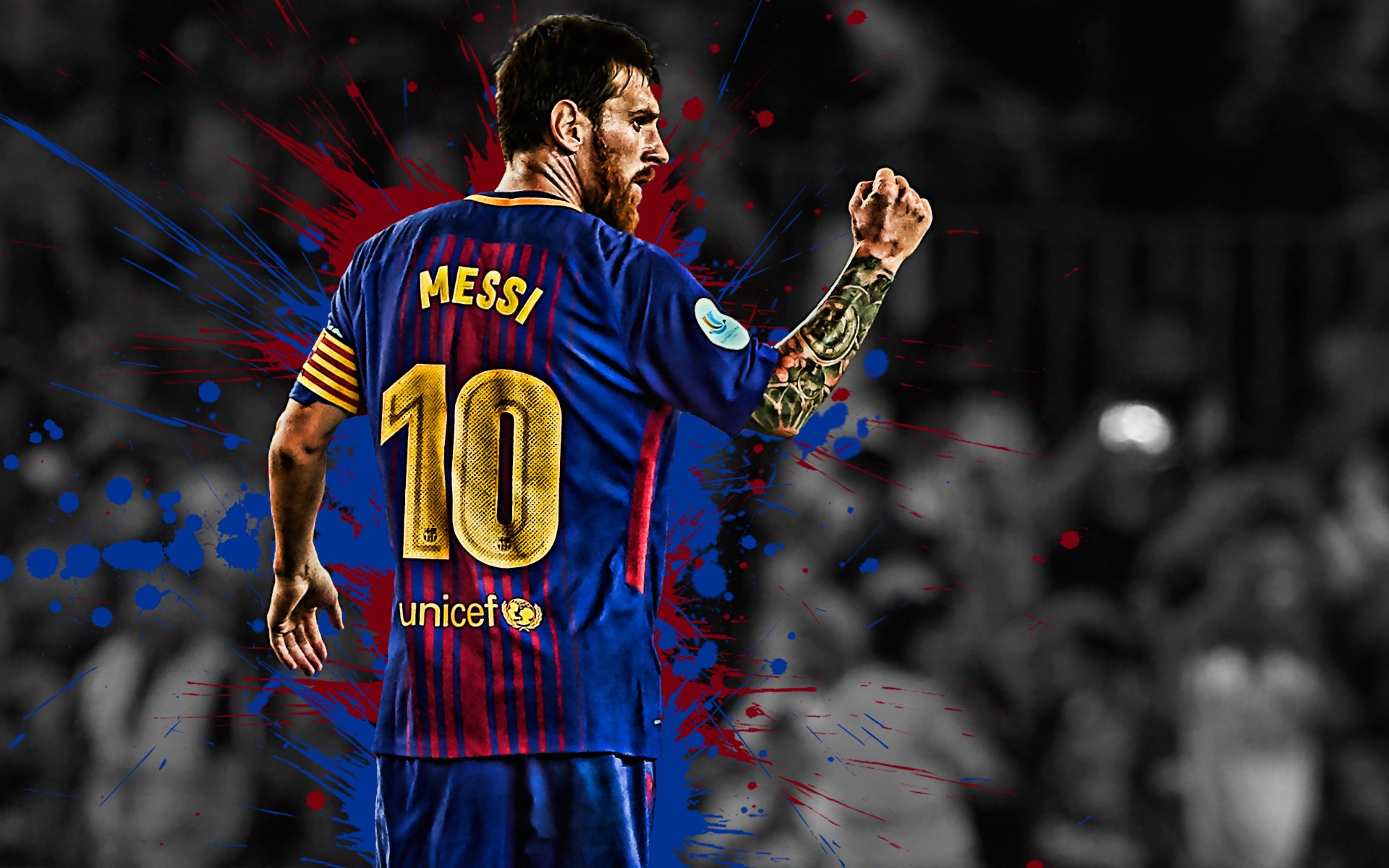 Lionel Messi, the iconic number 10 of FC Barcelona, celebrates a goal in his signature blue and red jersey. This 4k wallpaper captures a moment of triumph, highlighting Messi's passion and skill