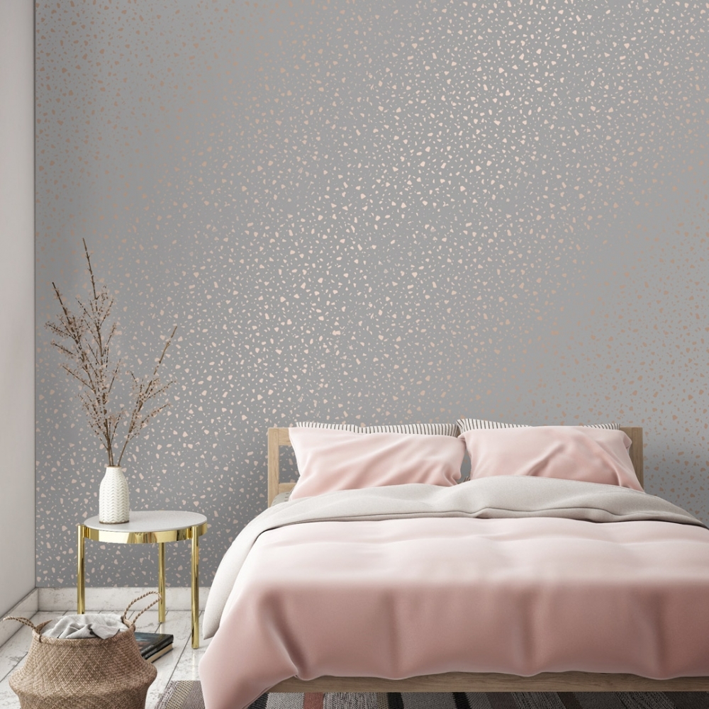 Terrazzo Metallic wallpaper in grey rose gold I Love Wallpaper 1000x1000