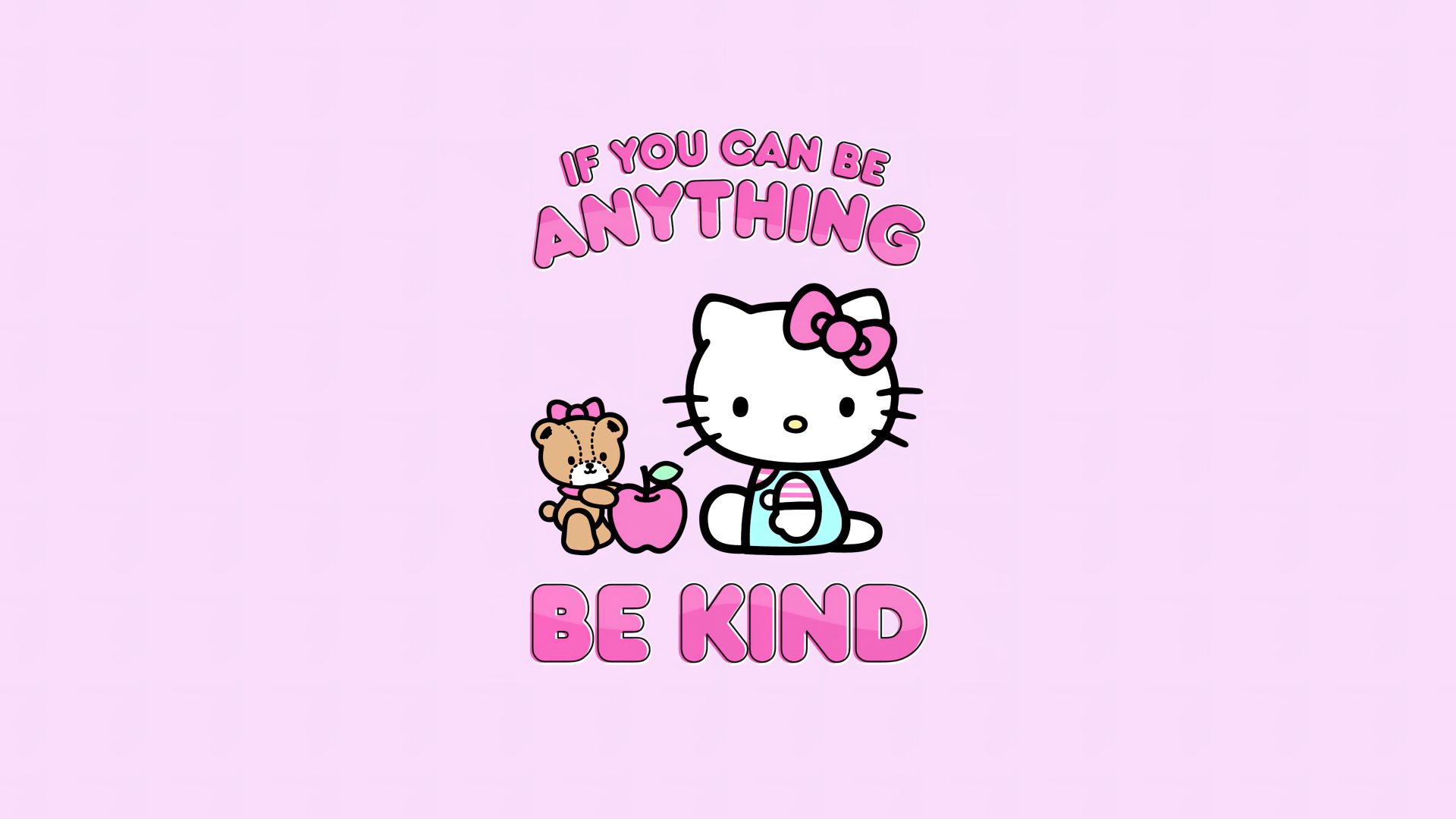 Hello Kitty with a teddy bear and an apple, promoting kindness on a pastel purple background