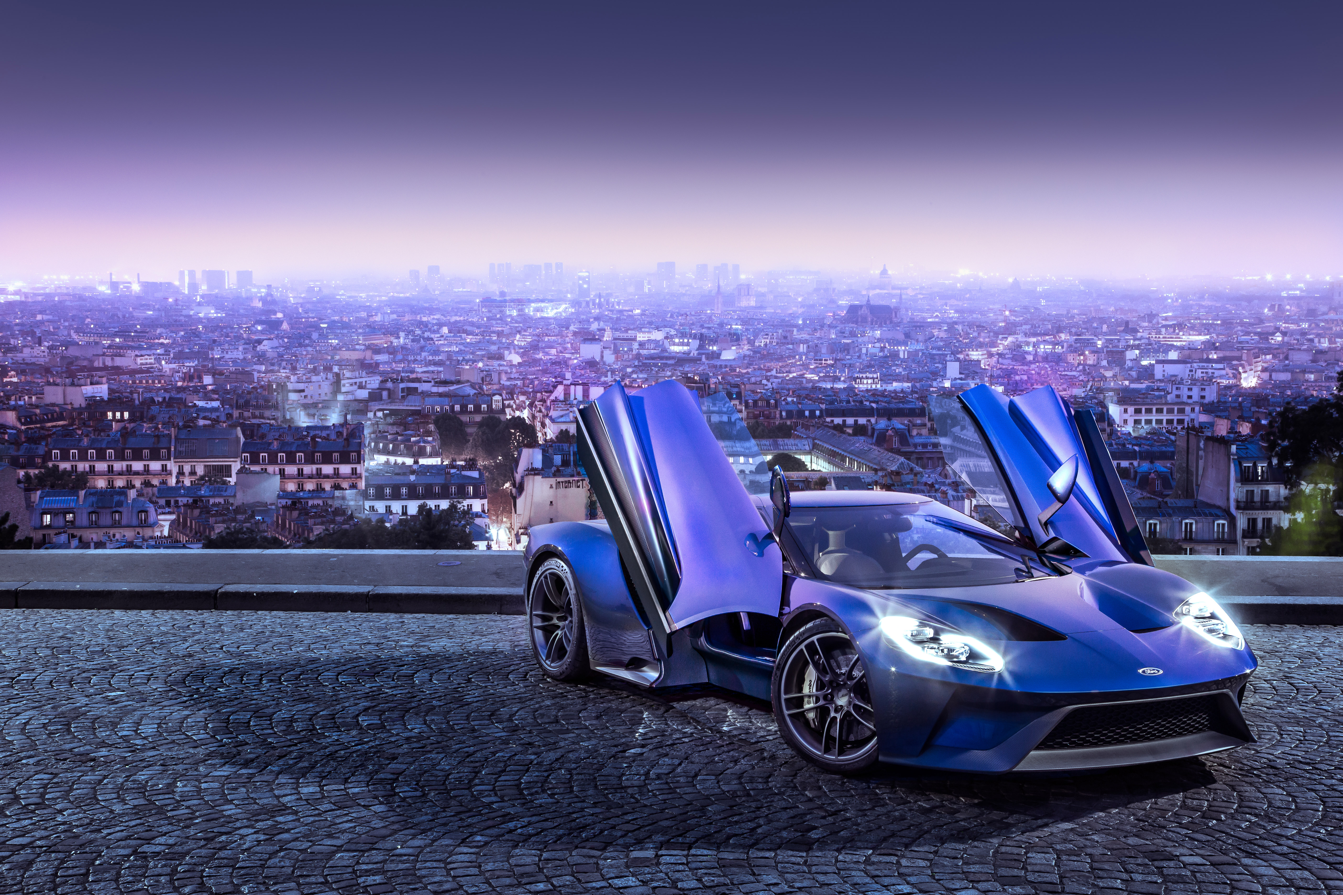Blue Car Ford Gt On The City Background Wallpaper And