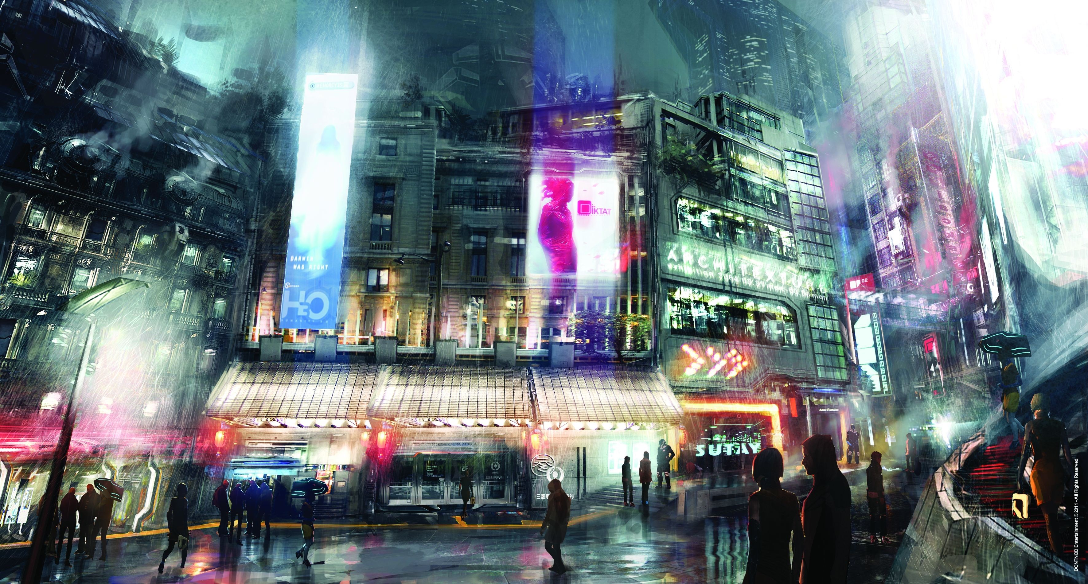A vibrant cyberpunk cityscape at night, rain-slicked streets reflecting neon lights from advertisements and buildings. People navigate the bustling scene, hinting at a futuristic urban life