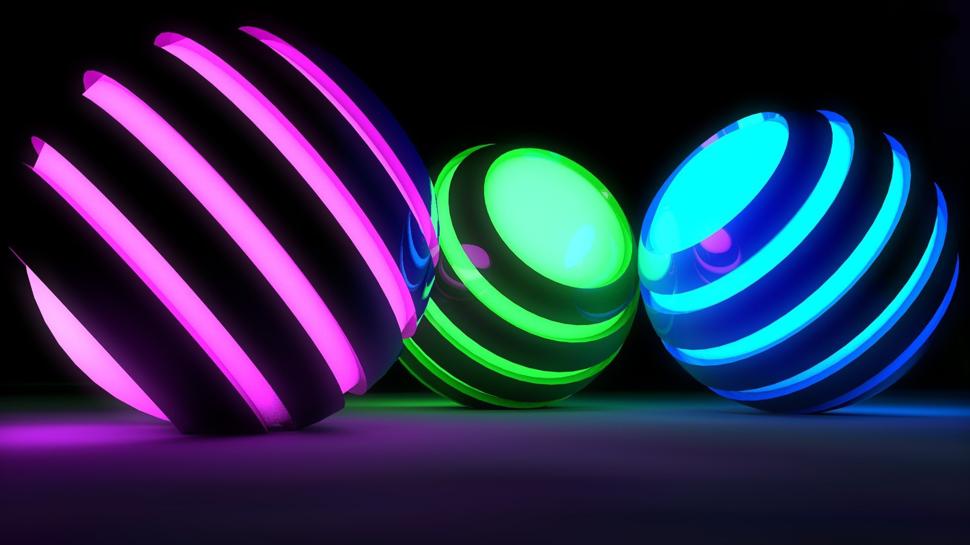 Three neon spheres glowing in vibrant pink, green, and blue against a dark background, creating a futuristic and abstract aesthetic