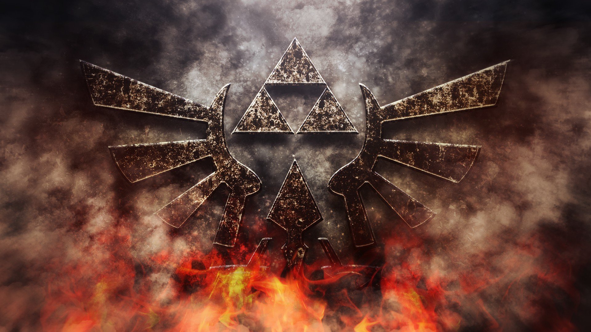 A fiery, metallic rendition of the iconic Triforce and Hylian Crest from the Legend of Zelda series, set against a backdrop of smoke and flames