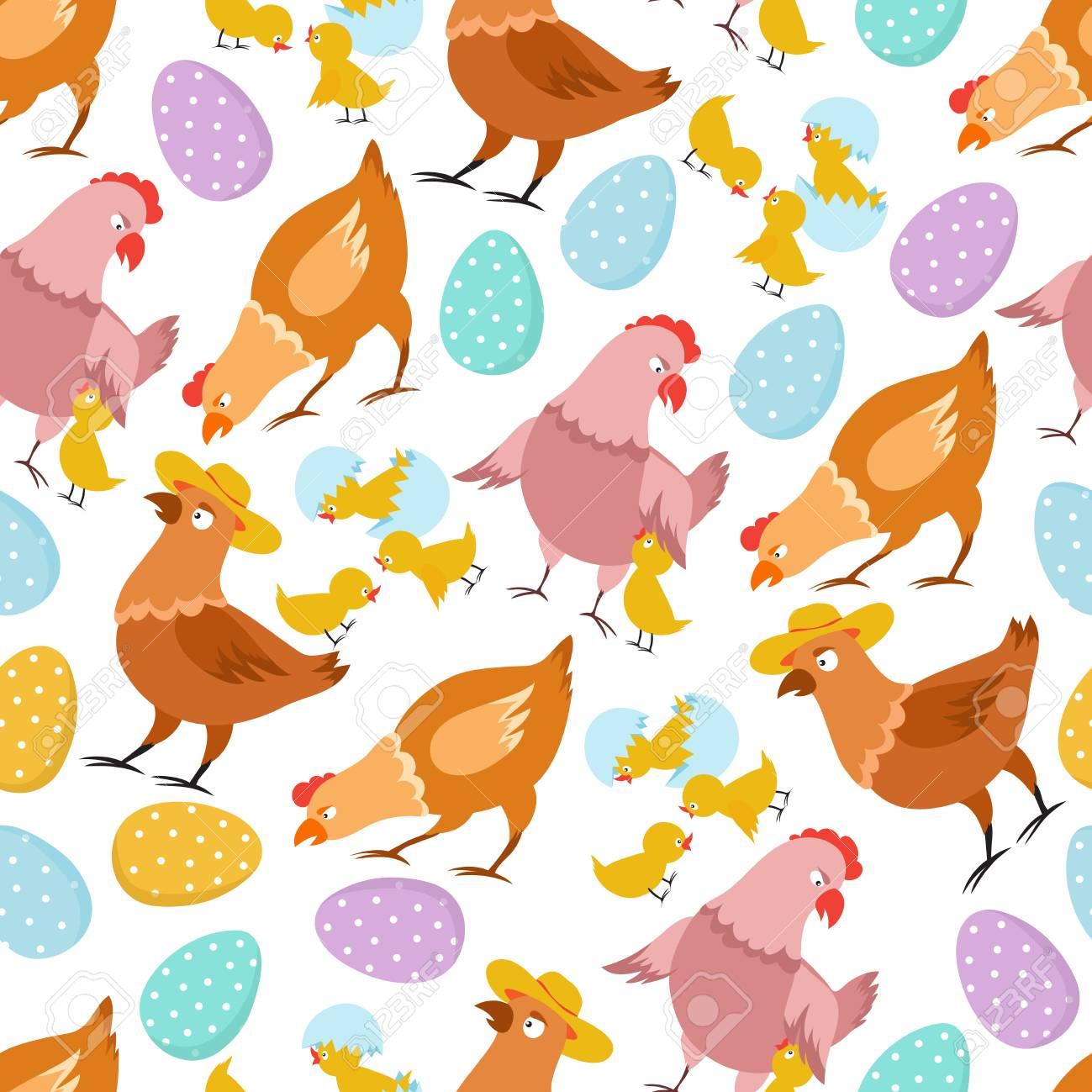Chicken Seamless Pattern Happy Easter Chick Hen Rooster And Eggs