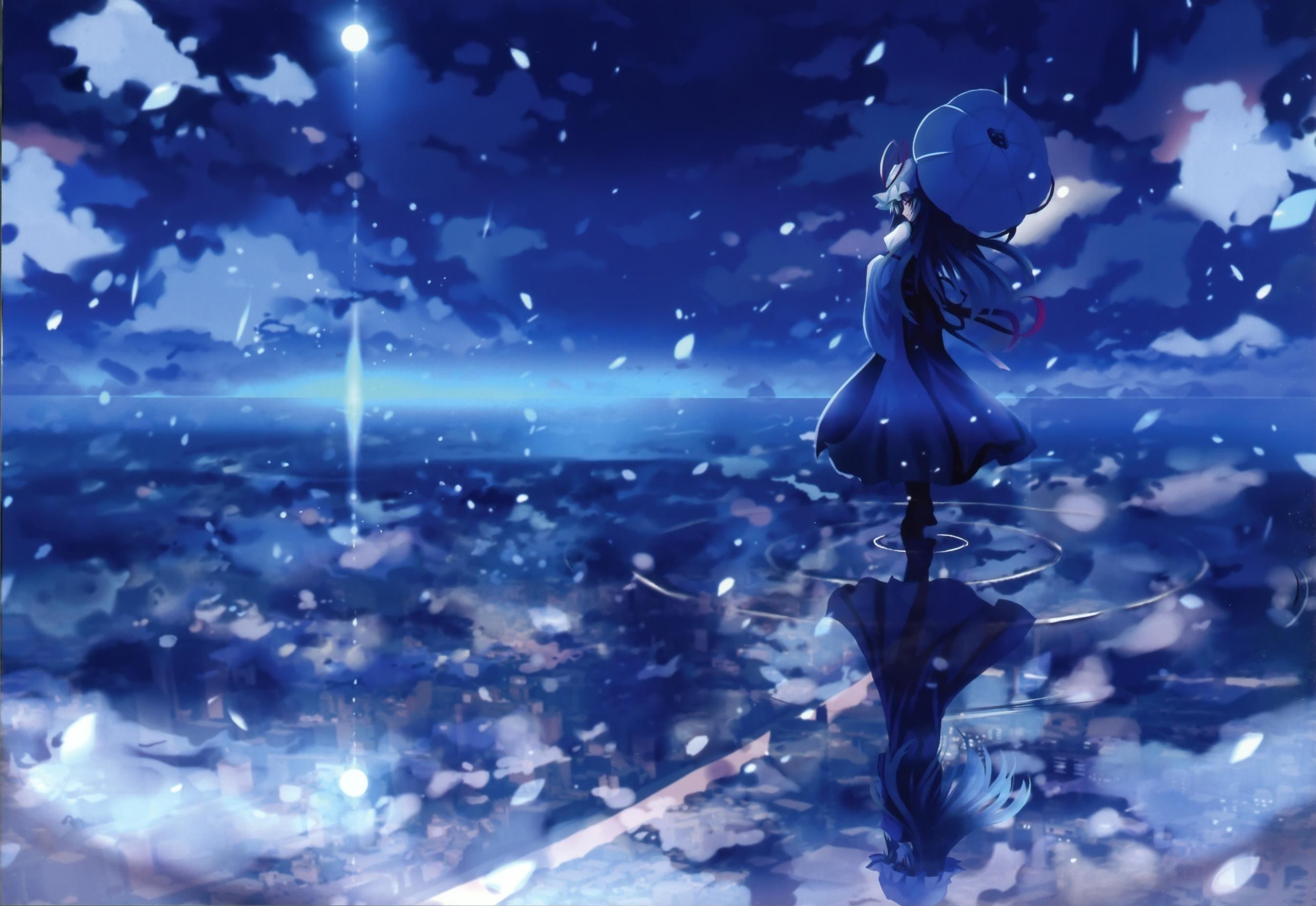 Umbrellas Skyscapes Reflections Anime Girls Wallpaper Background