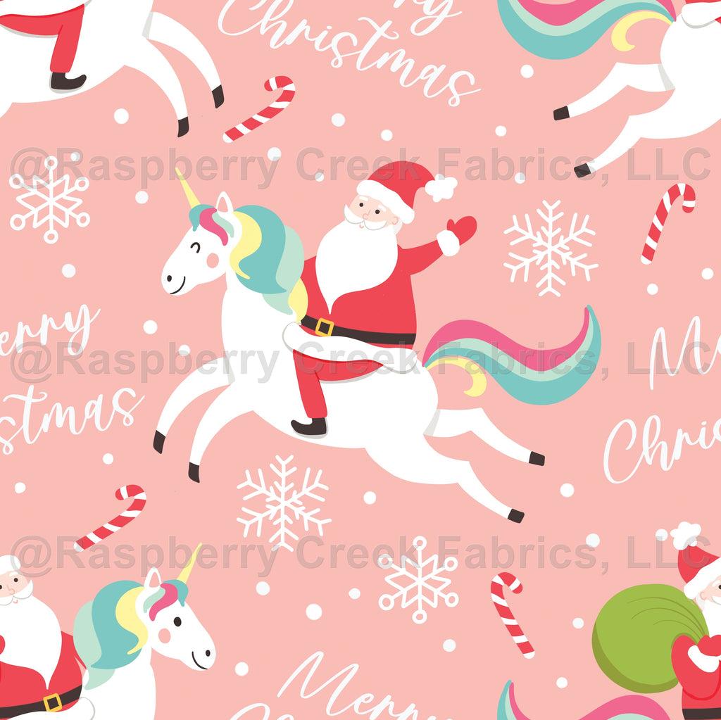 Santa riding unicorn funny Christmas fabric pink Fabric Raspberry