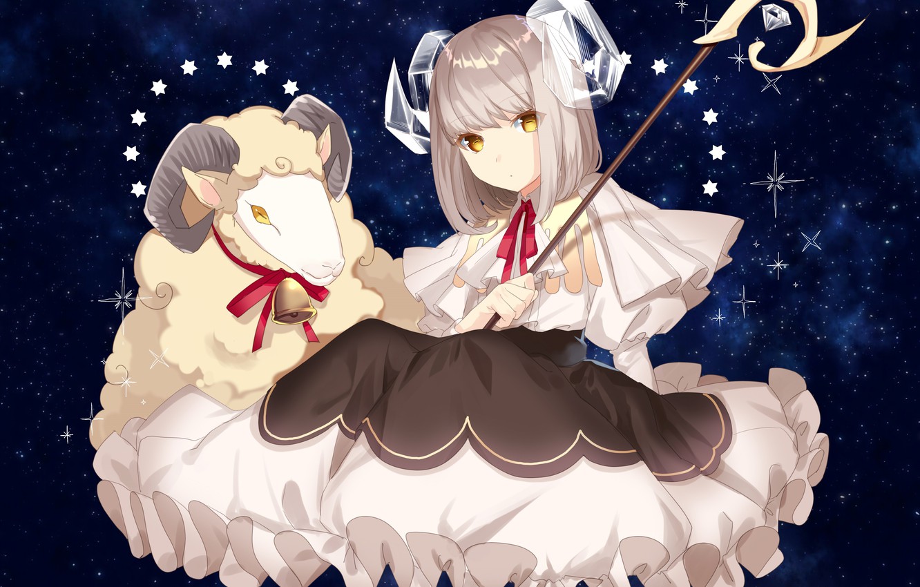 Premium Vector | An anime cartoon drawing of aries zodiac sign wearing a  white outfit with horns and a brown scarf