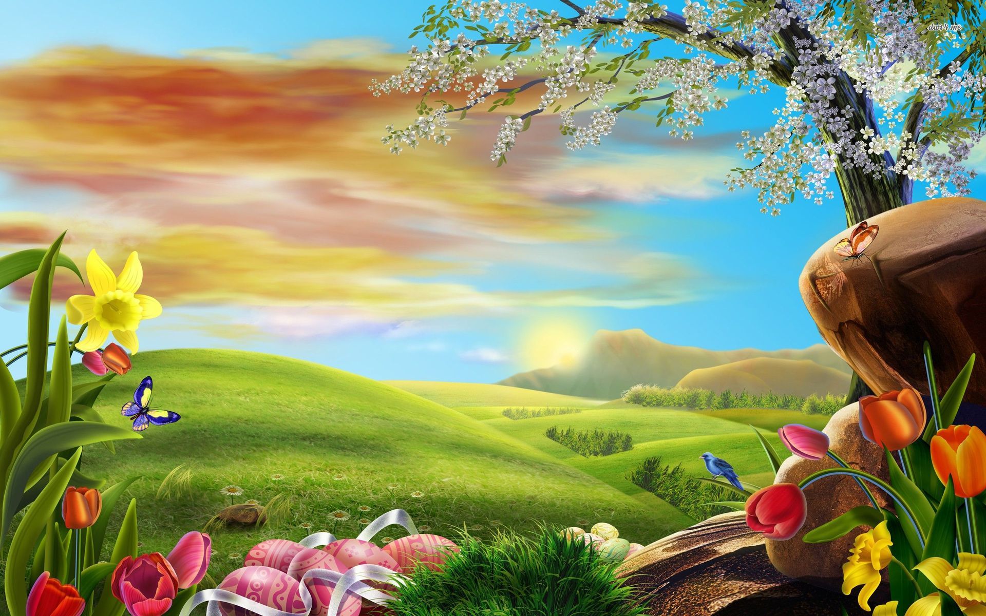 Easter Eggs In The Spring Meadow Holiday Wallpaper
