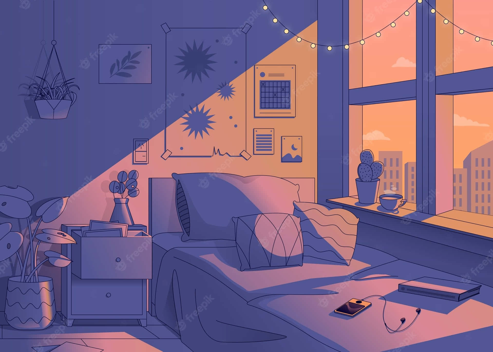 A cozy bedroom with a view of the city skyline at sunset. The room is decorated with plants, string lights, and minimalist artwork. A cup of coffee sits on the windowsill