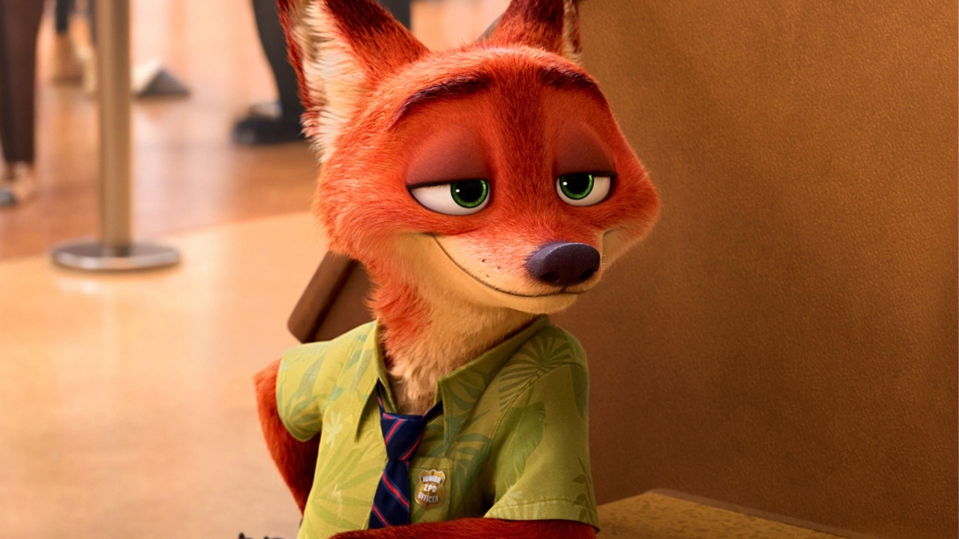 A sly fox character with orange fur, wearing a green Hawaiian shirt and a striped tie, stands in a public space with a slightly smug expression