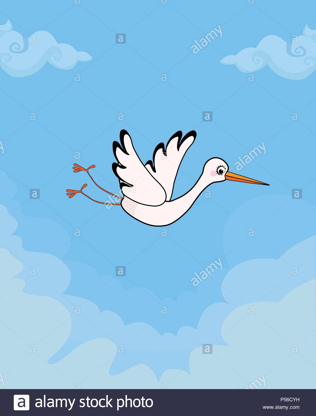 Cartoon vector illustration of cute flying stork on blue cloudy 1057x1390