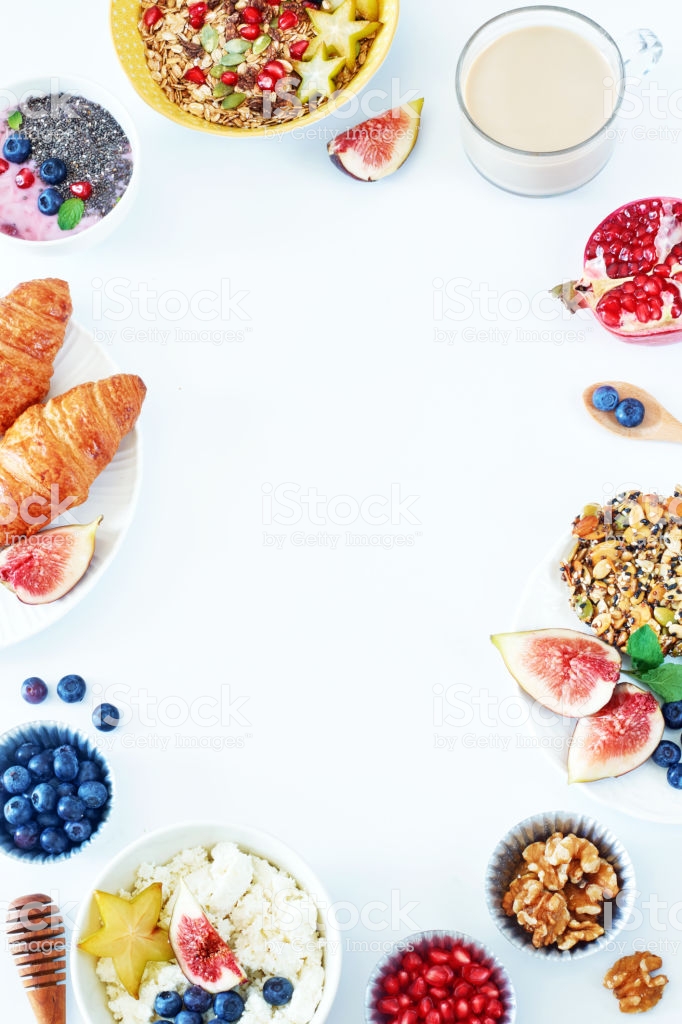 Vertical Food Frame Of Breakfast Dishes Over White Background With