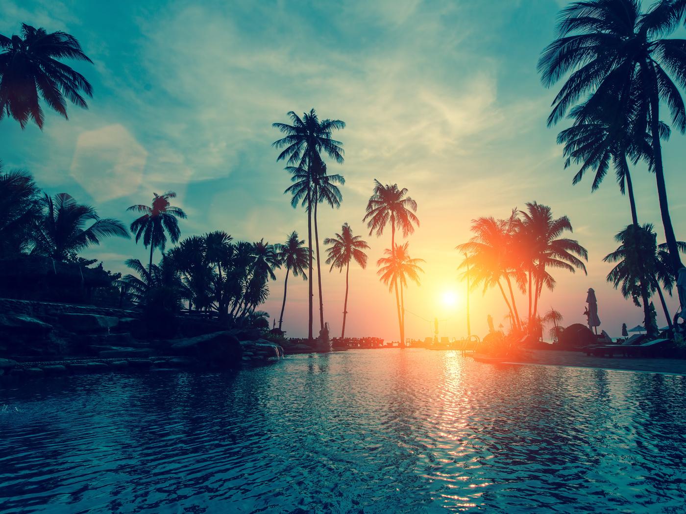 Sunset Bright Summer Sun Over A Tropical Beach Desktop Wallpaper