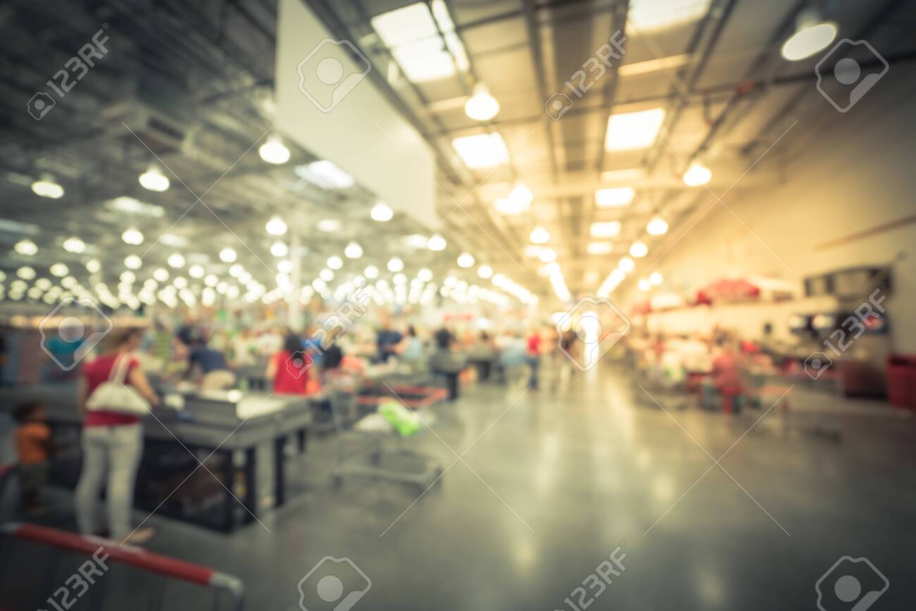 Blurry Background Busy Checkout Line At Wholesale Big Box Store