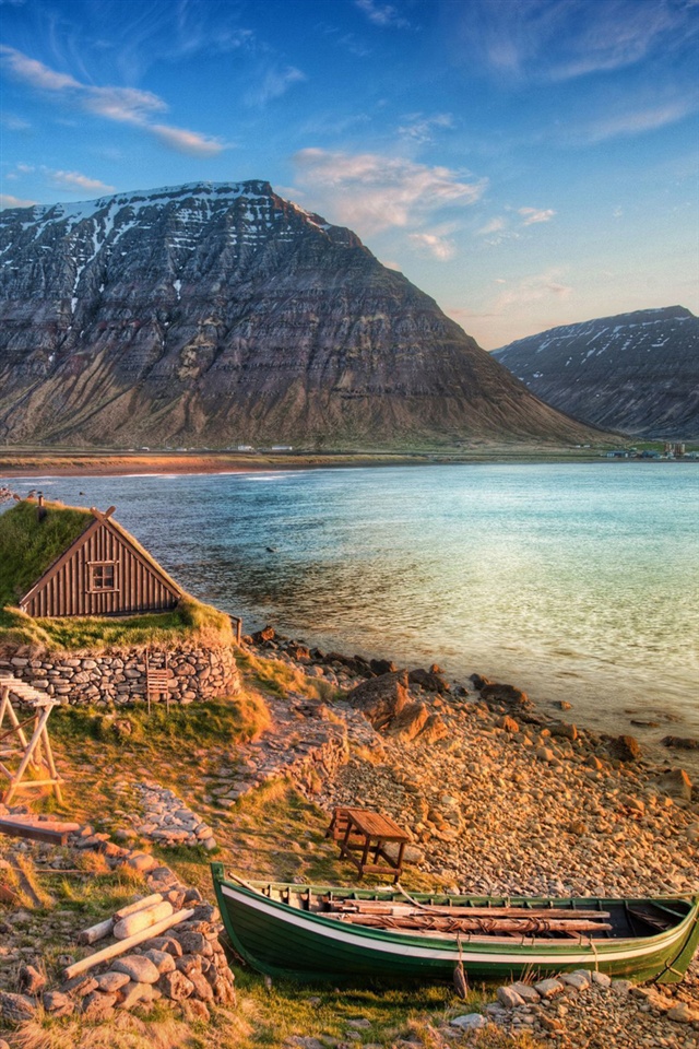 Iceland Mountain Sea Coast Boat iPhone 4s Wallpaper