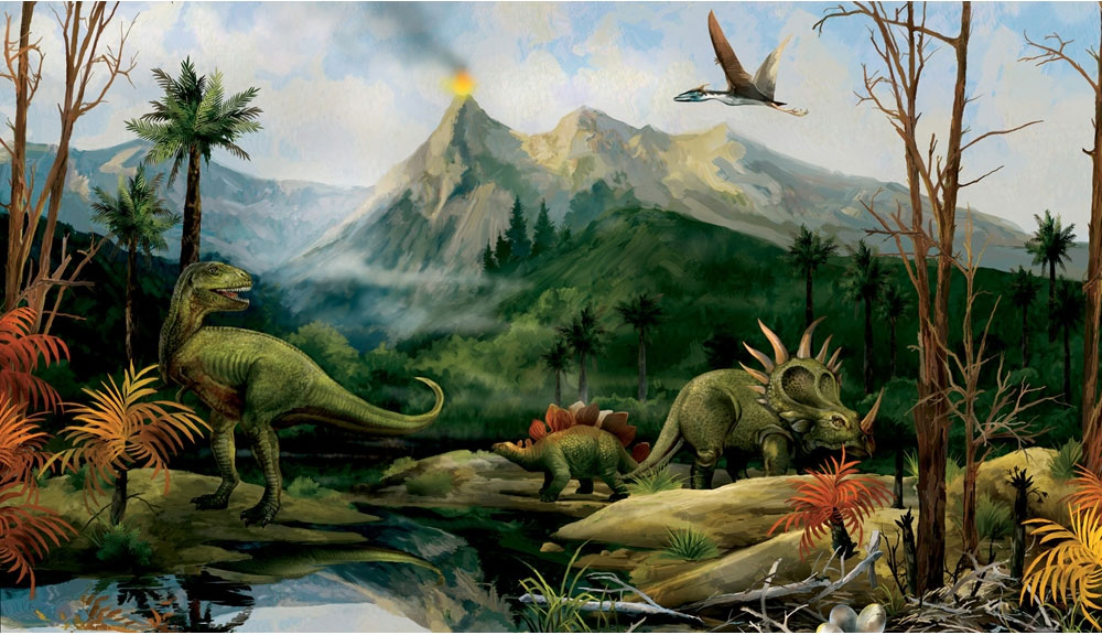 Dinosaur Landscape Wall Mural   Jurassic Dino Volcano Wallpaper Chair