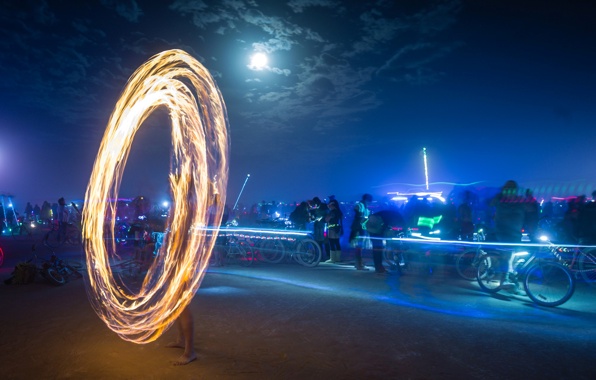 Burning Man Nevada Usa Art People Lights Sky Clouds Moon