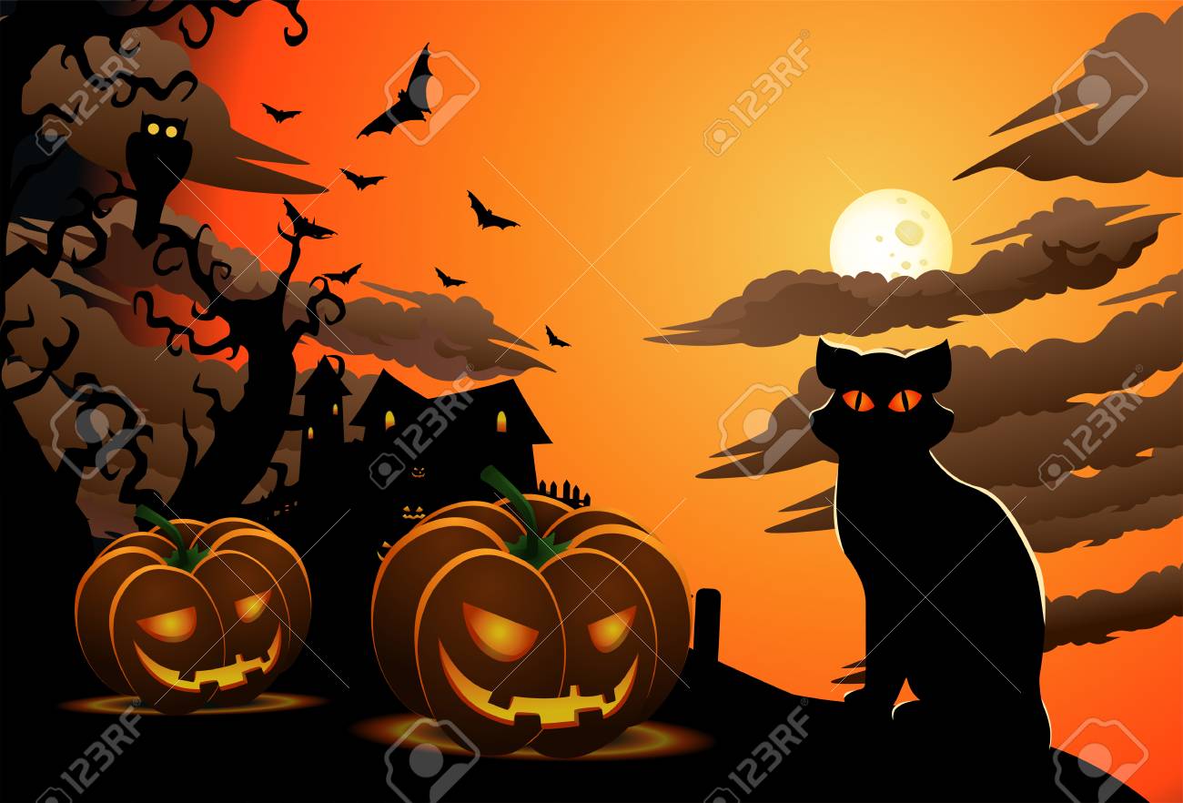 Illustration Of Scary Cat On Halloween Wallpaper With Carved