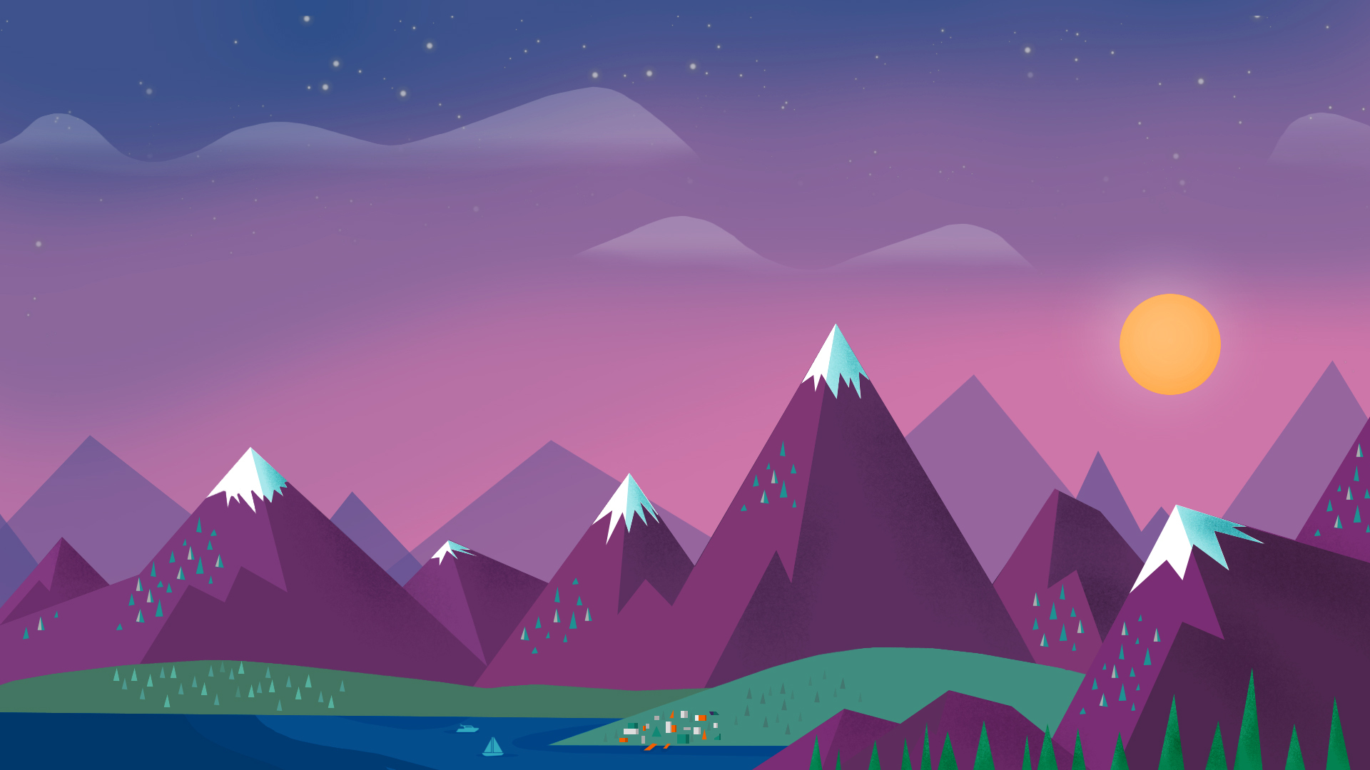 Minimalist vector landscape with purple mountains, a lake, and a setting sun