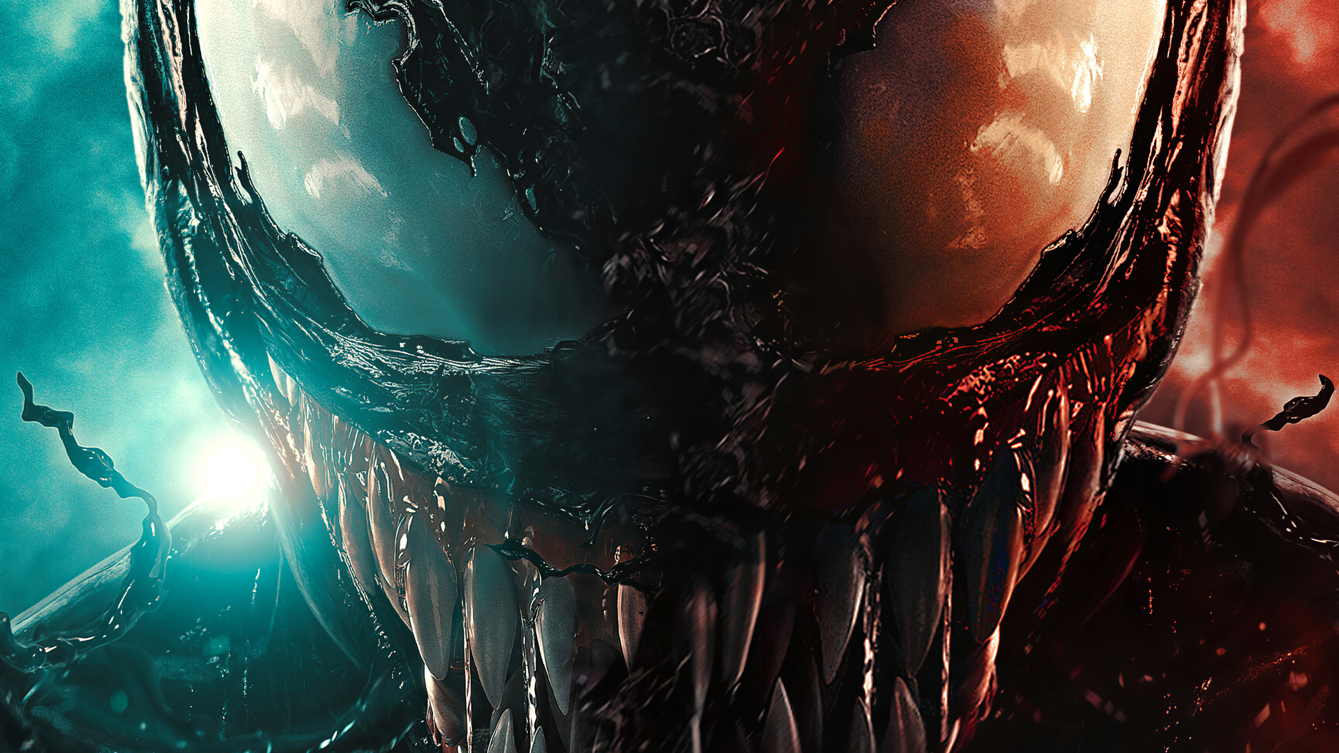 Close-up of Venom's face, showcasing his sharp teeth and symbiotic tendrils against a dramatic teal and red backdrop