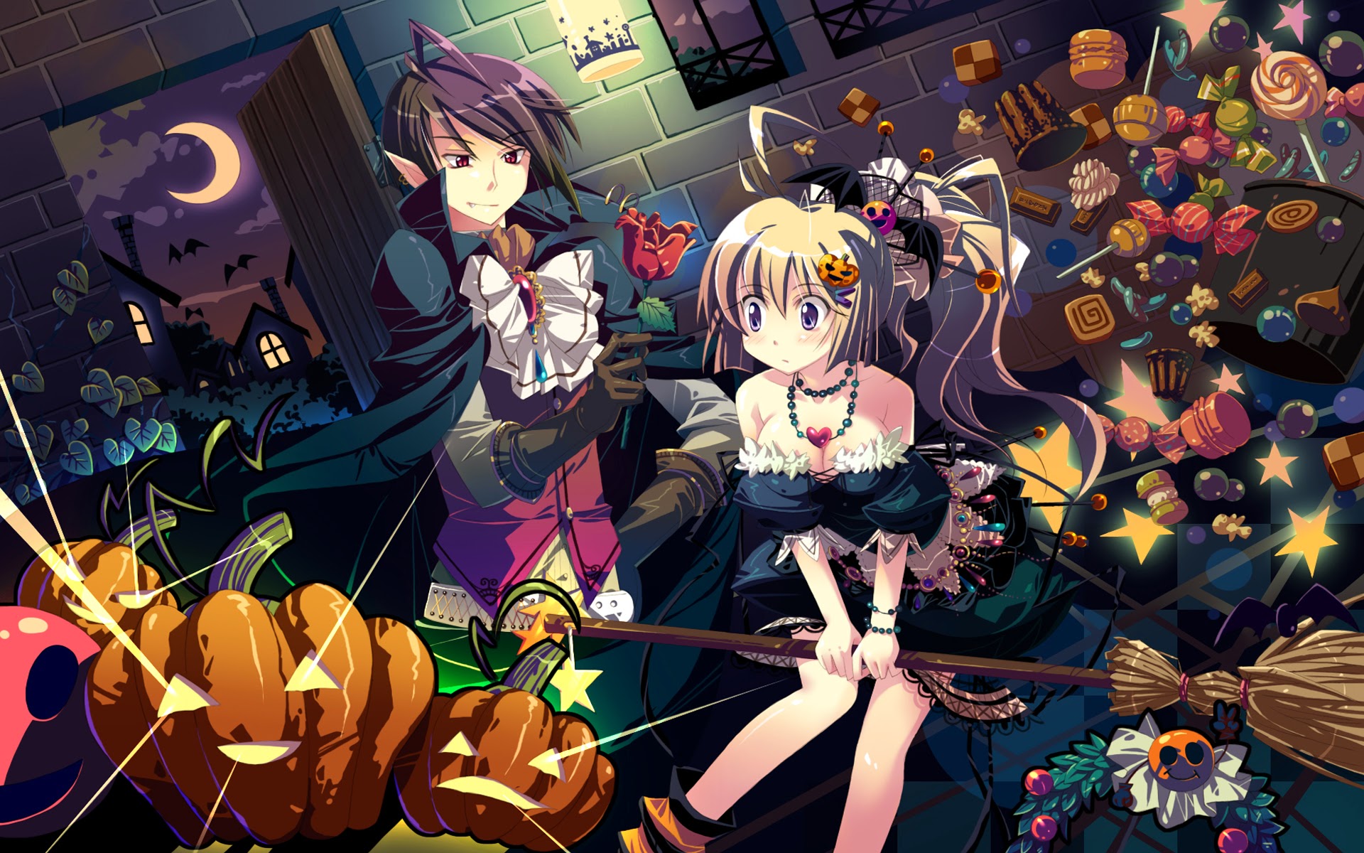 Sweet Couple Halloween Vampire Witch Pumpkin Anime HD Wallpaper