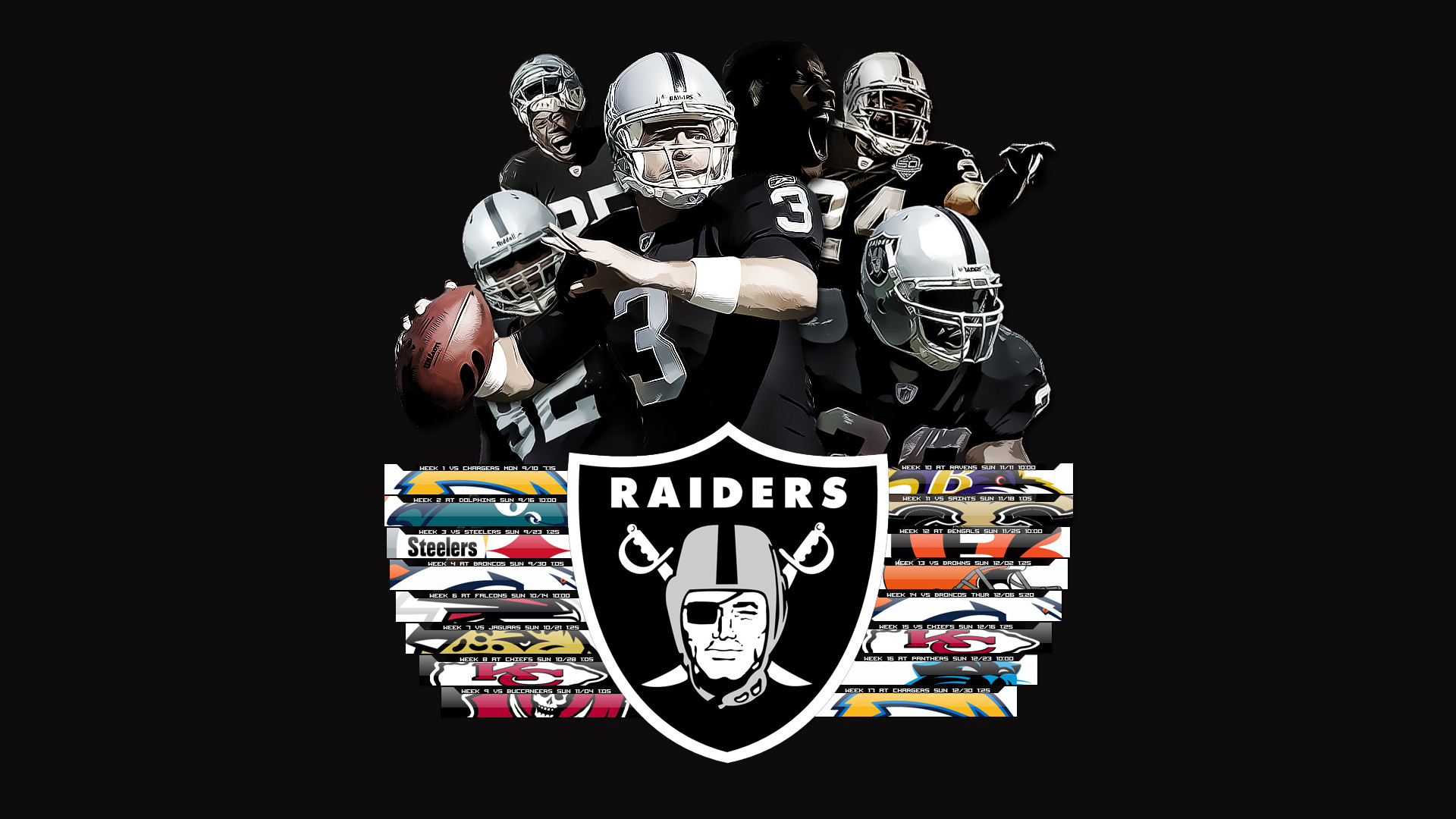 A dynamic collage of Las Vegas Raiders players in action, set against a backdrop of their iconic logo and team colors. Perfect for any Raiders fan looking for a bold wallpaper
