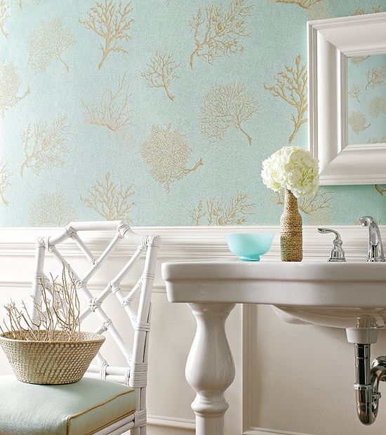 Wallpapered Powder Room With Thibaut Wallpaper Coral Gables