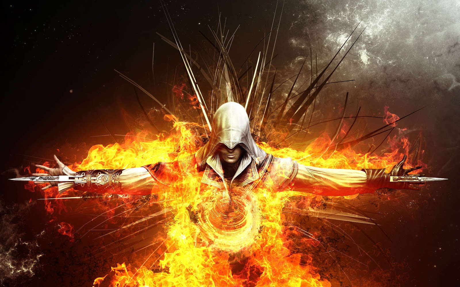 Assassins Creed wallpaper met vuur