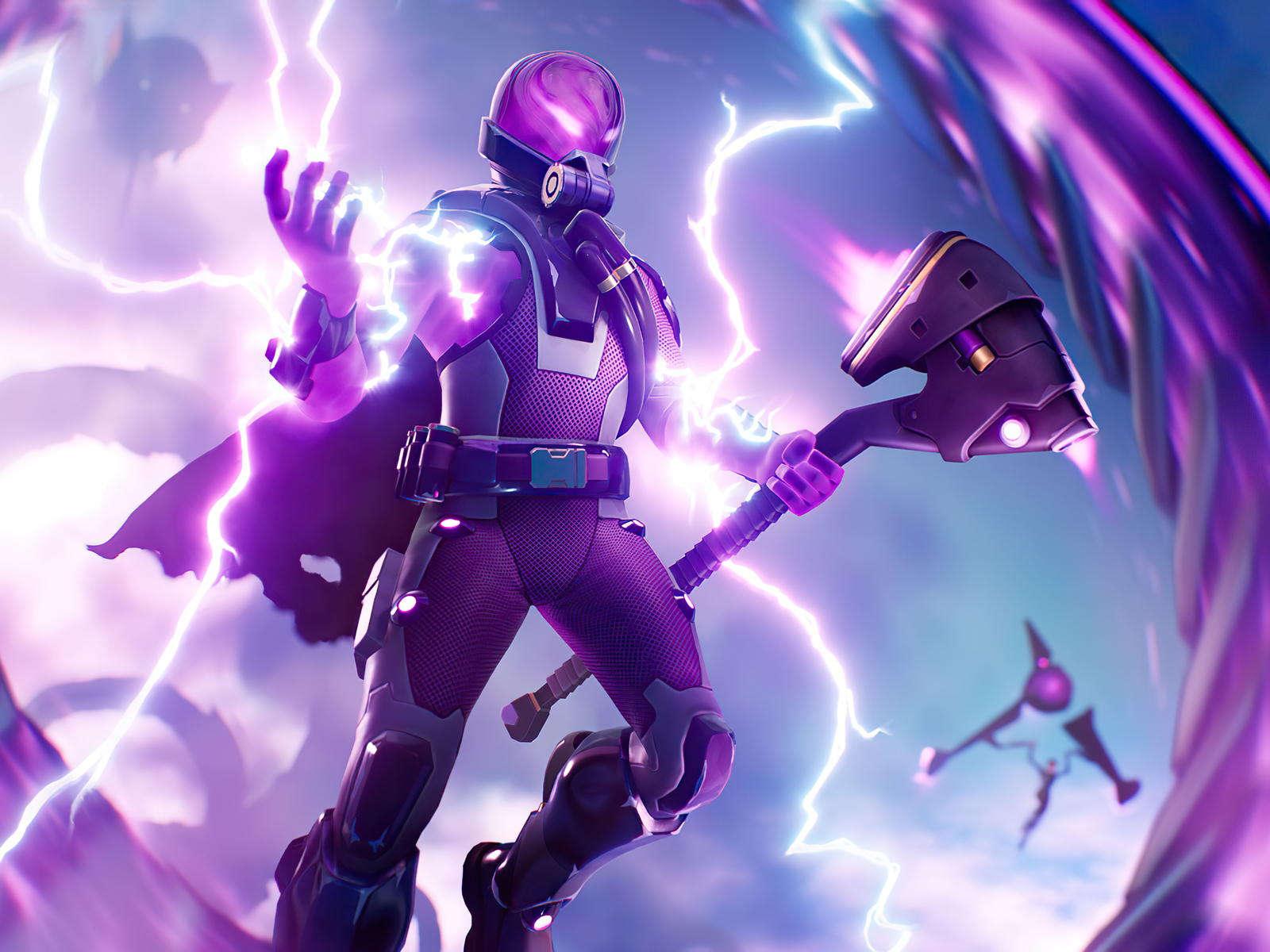 A Fortnite character in a purple and black suit wielding a futuristic axe, surrounded by purple lightning, against a backdrop of a swirling purple sky