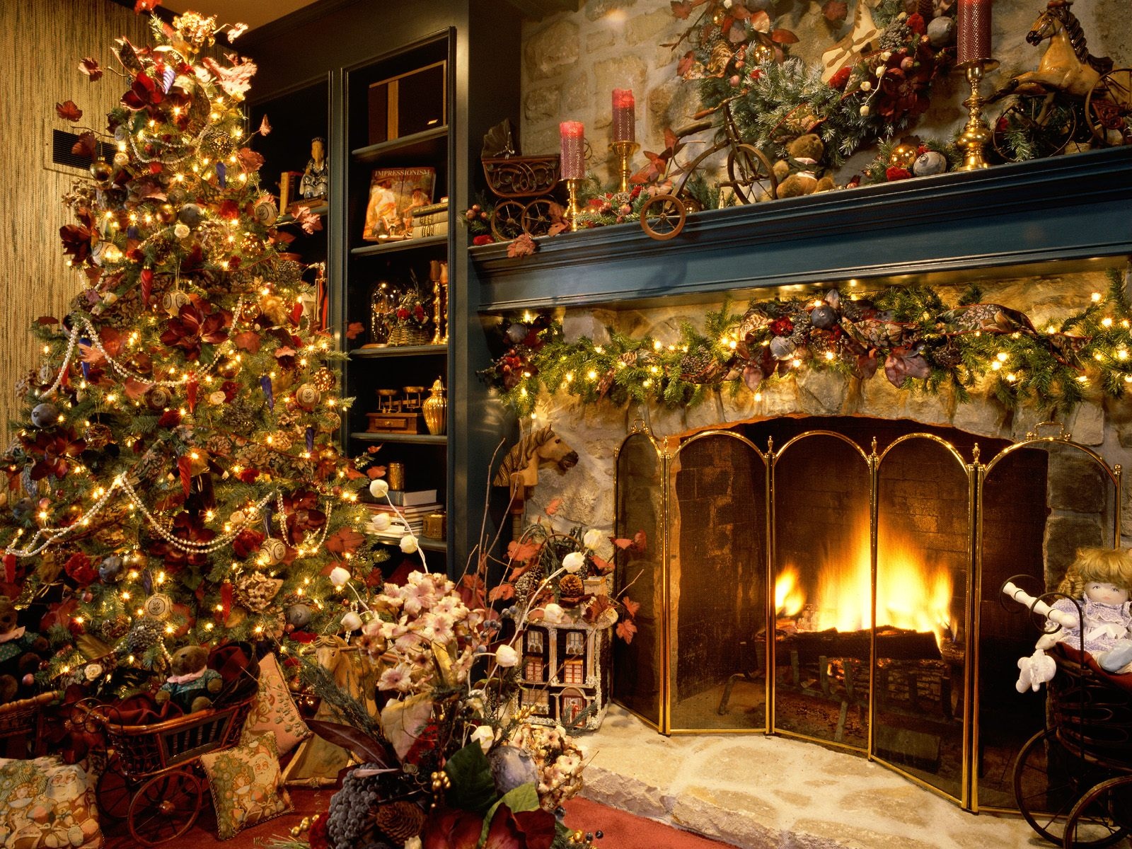 A beautifully decorated Christmas tree stands beside a fireplace, creating a warm and festive holiday scene
