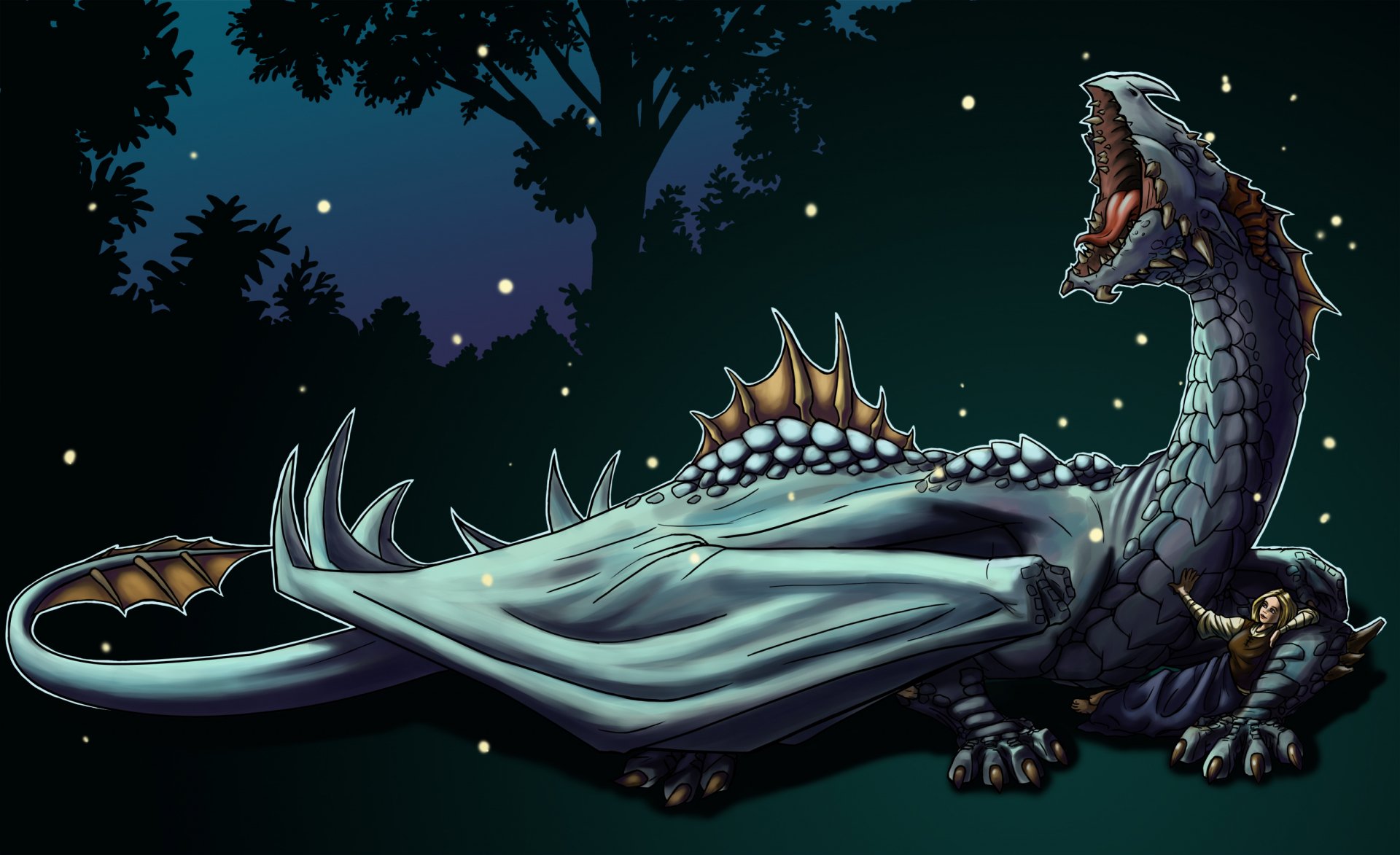 A majestic light blue dragon rests beneath a night sky filled with fireflies, with a young woman nestled comfortably against its side