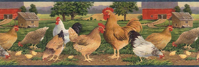 Country Chicken Farm Rooster Hen Barn Wallpaper Border Afr7108