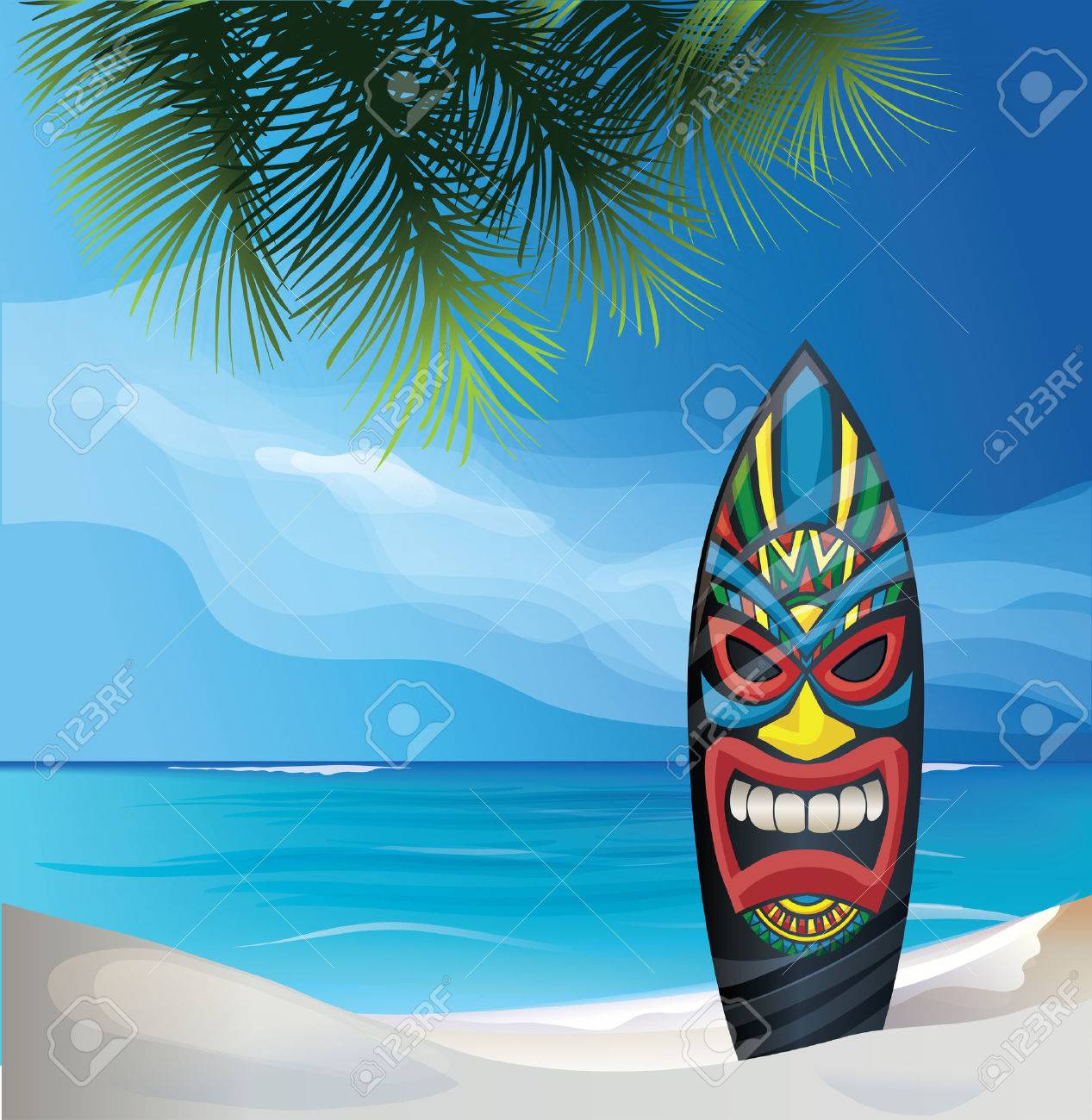Background Design With Tiki Warrior Mask Surfboard On