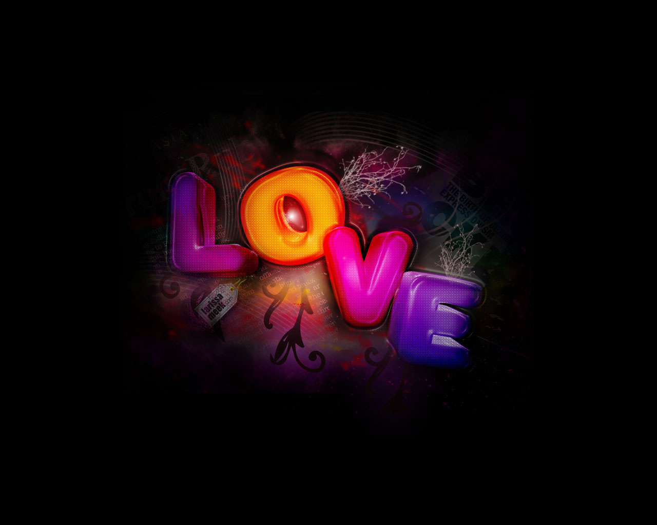 A vibrant and colorful 'LOVE' typography graphic set against a dark, abstract background with musical notes and flourishes, evoking a passionate and artistic representation of love