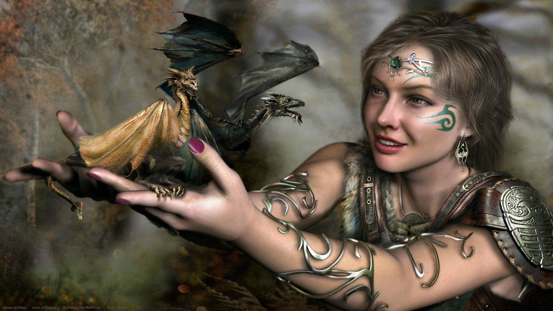 Beautiful Fantasy Girl With Dragon Tattoos HD Wallpaper Stylish