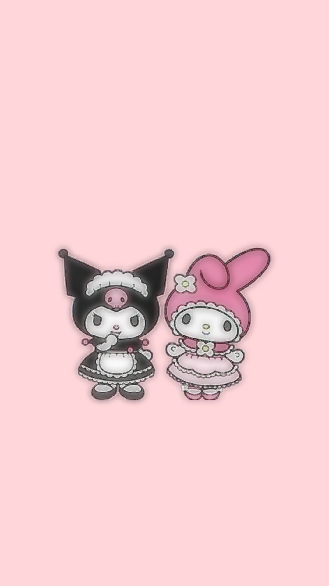A charming illustration of Kuromi and My Melody, popular Sanrio characters, on a soft pink background. Kuromi is dressed in a maid outfit, while My Melody wears a cute pink dress