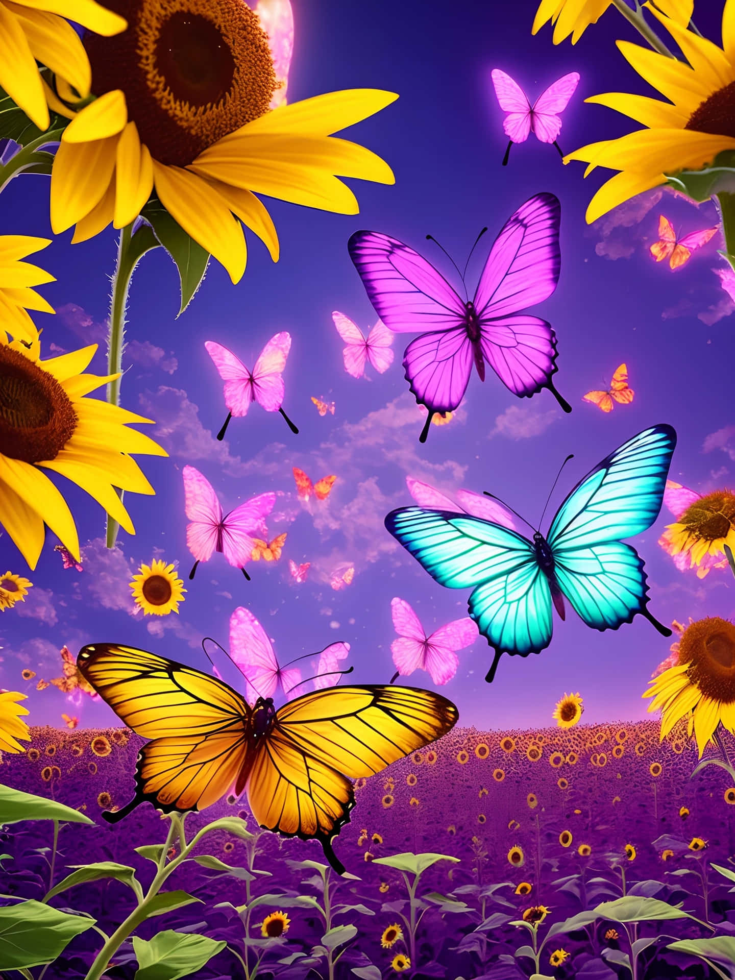 Vibrant Sunflowers Butterflies Wallpaper