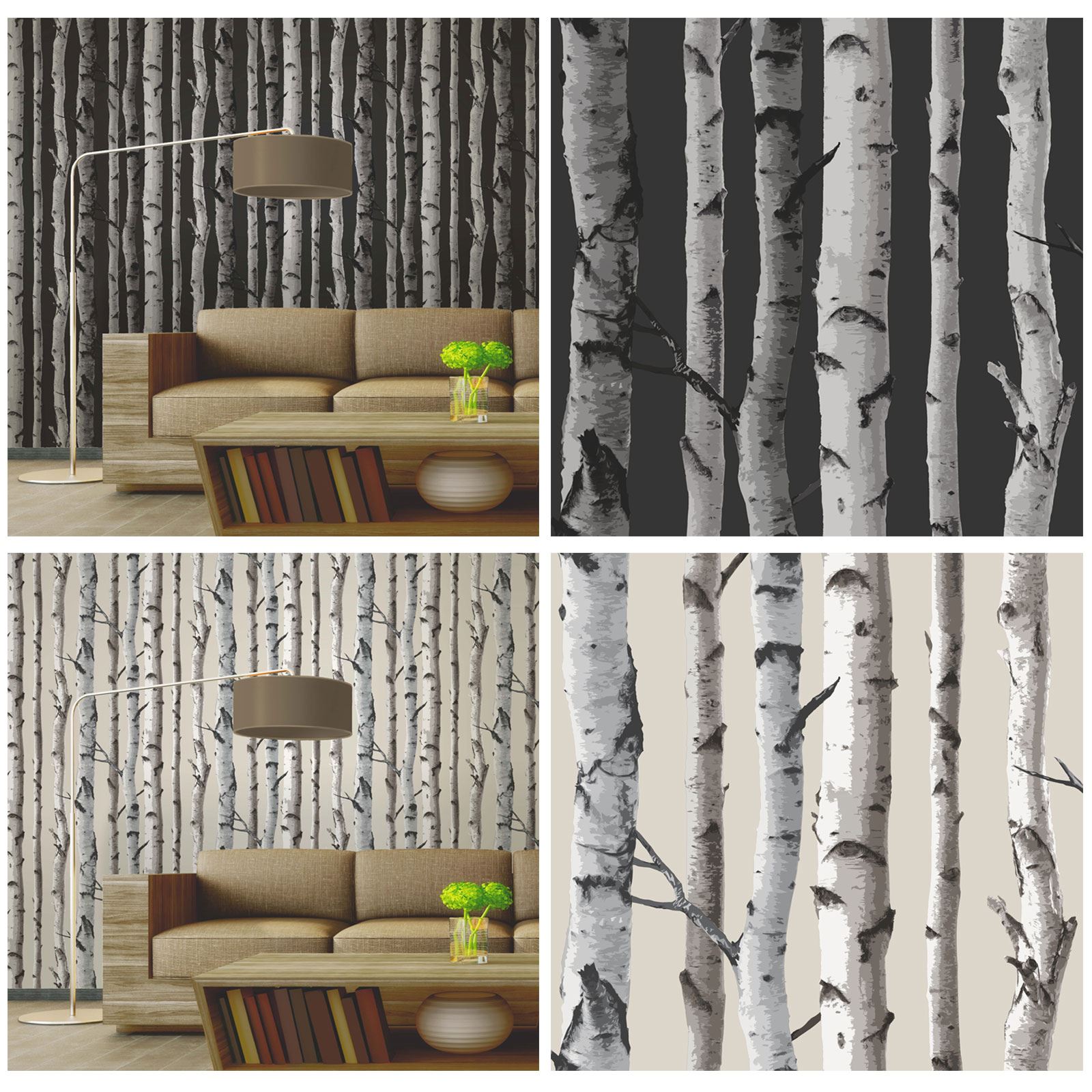 Birch Trees 10m Forest Wallpaper Cream Silver Black