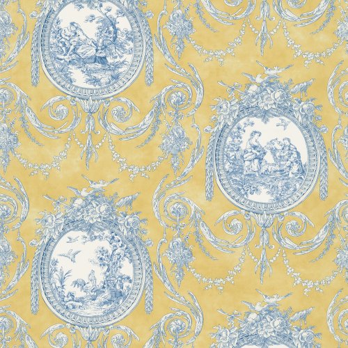 Toile Wallpaper Yellow Inch Wide Traditional Blue And