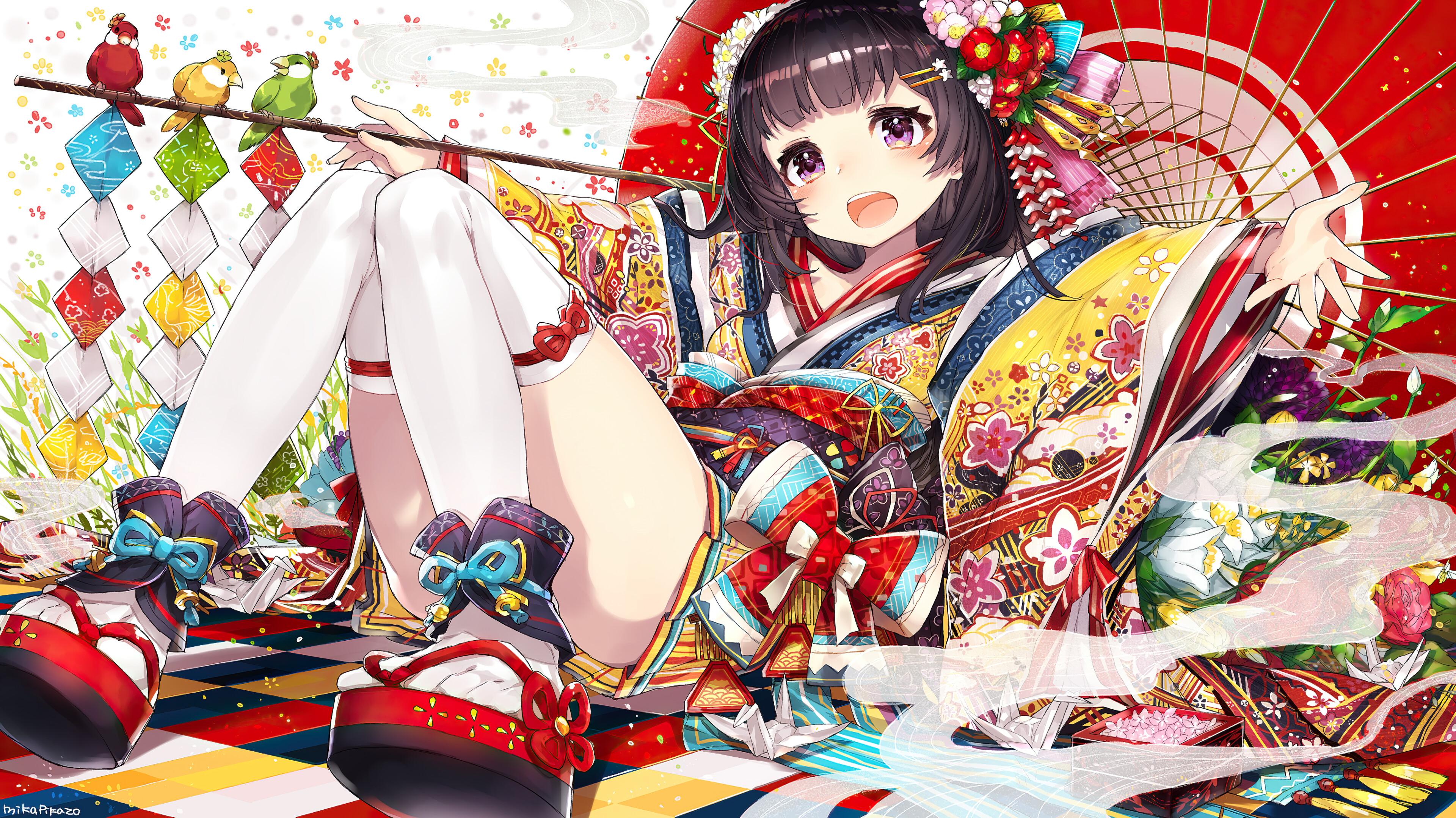 Cute Anime Girl Kimono 4K Wallpaper