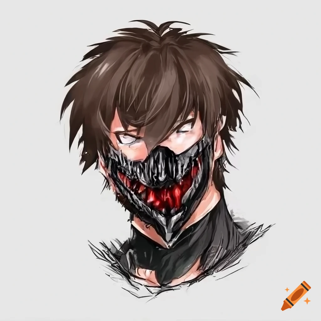 Angry brown hair human man with cool half face oni mask black and