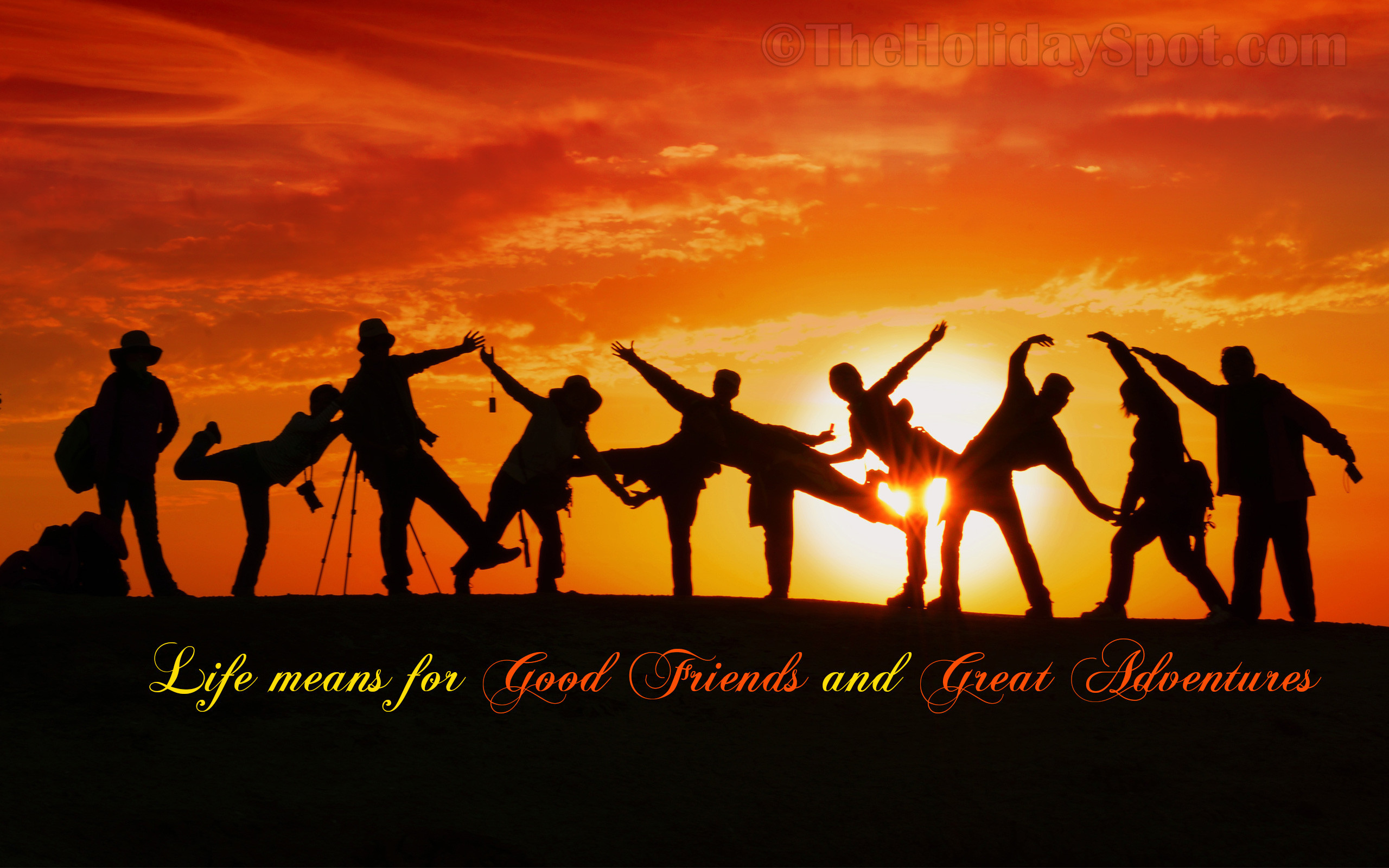 Silhouettes of friends posing playfully against a vibrant sunset backdrop, symbolizing the joy of friendship and shared adventures