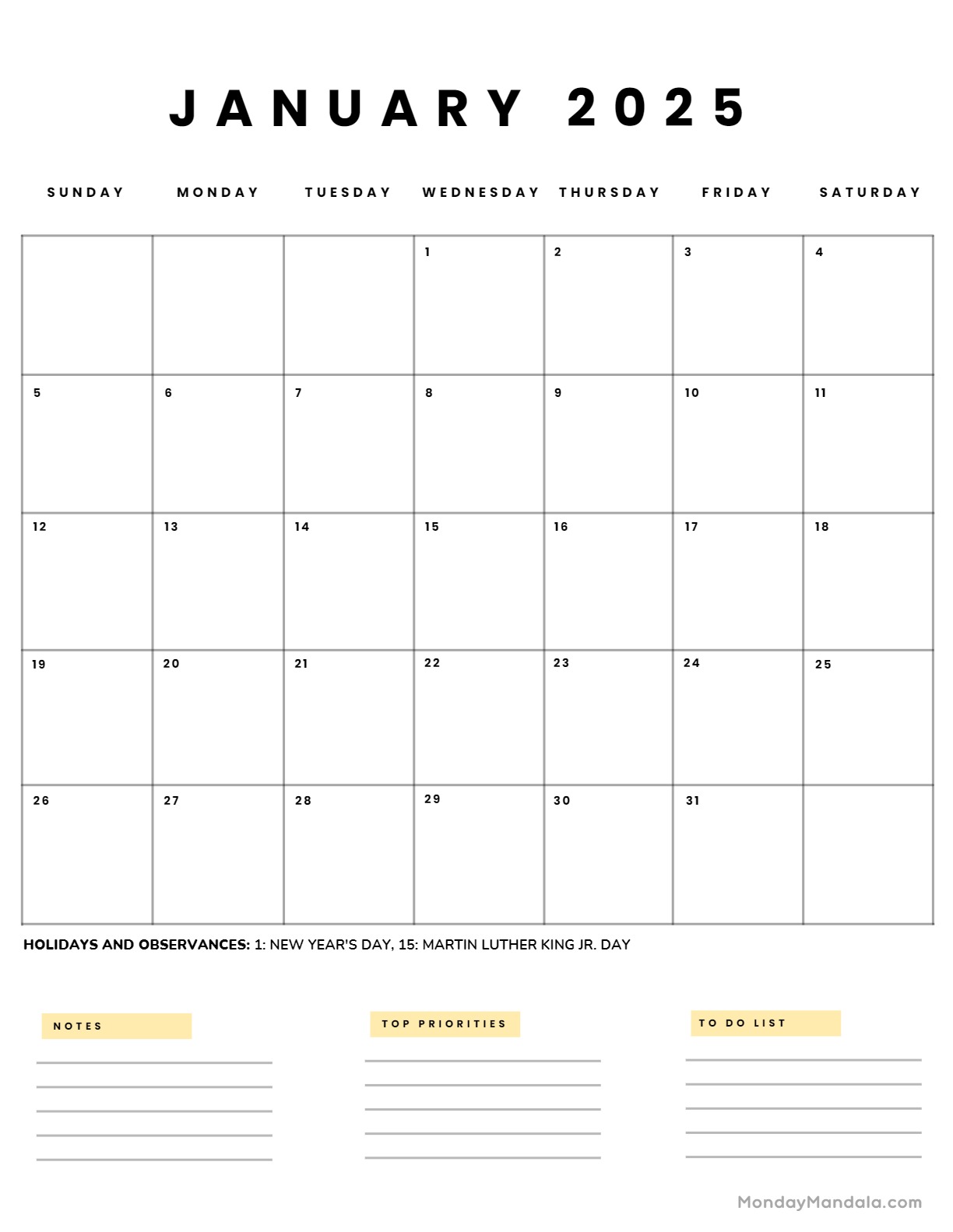 January 2025 calendar wallpaper with notes, to-do list, and top priorities sections