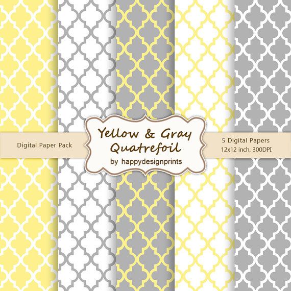 Yellow Gray Quatrefoil Moroccan Tiles Pattern Wallpaper Digital Paper
