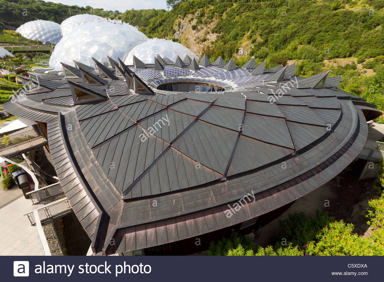 The Core At Eden Project With Biomes In Background Stock