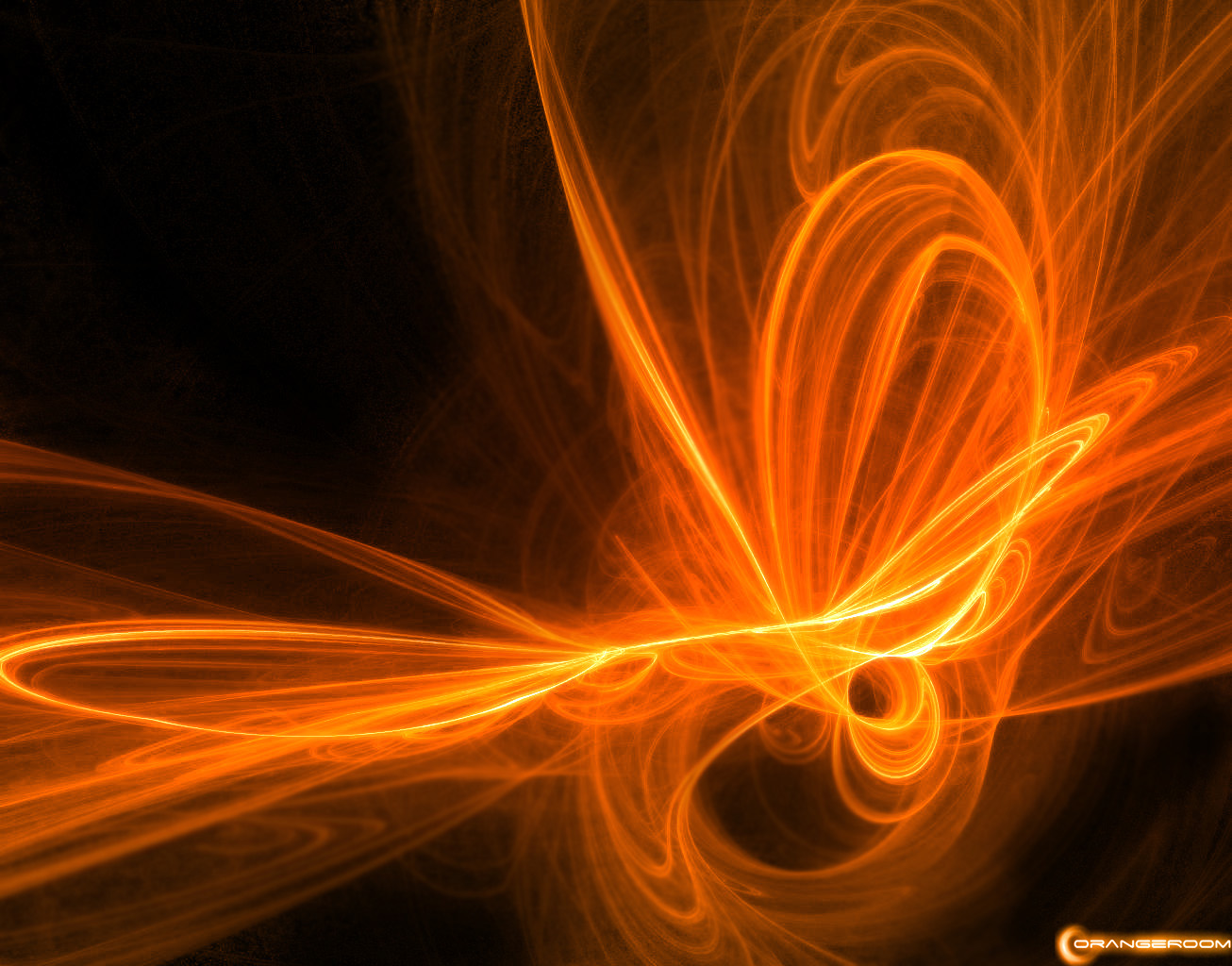 Abstract orange swirls on a black background, reminiscent of flames or energy